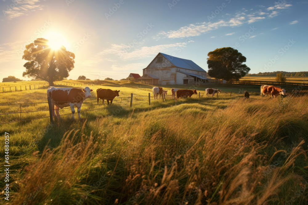 cows and goats graze next to the farm on a sunny day. Generative AI cows and goats graze next to the farm on a sunny day. Generative AI