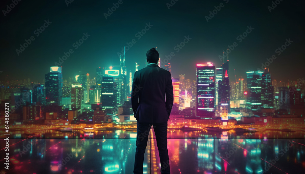Successful businessman walking through illuminated city skyline at dusk generated by AI Successful businessman walking through illuminated city skyline at dusk generated by AI