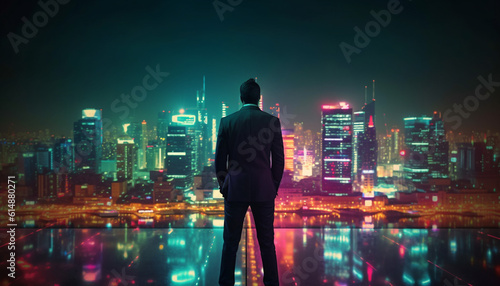 Successful businessman walking through illuminated city skyline at dusk generated by AI © Stockgiu