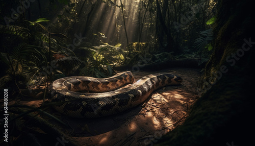 The poisonous viper slithers through the spooky tropical rainforest generated by AI