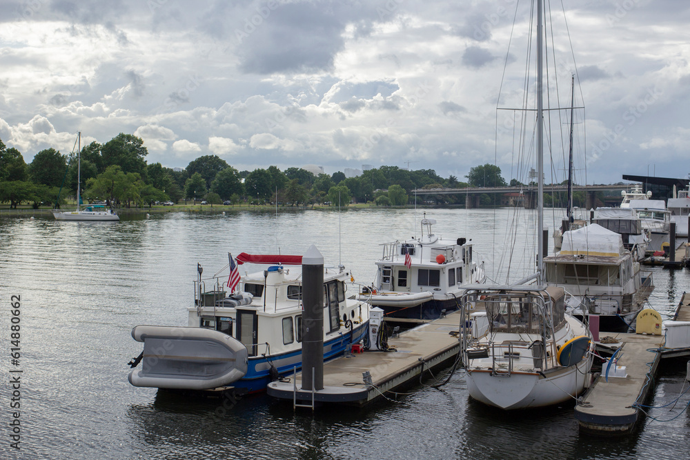 Dock and boat on Potomac river Washington DC Dock and boat on Potomac river Washington DC