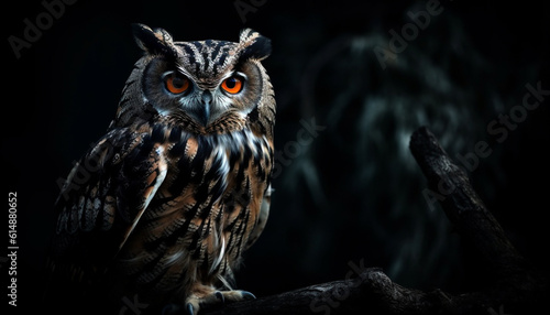 Great horned owl staring, on black, full length portrait generated by AI