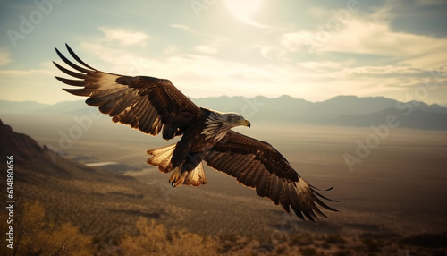 A majestic bald eagle spreads wings mid air above mountain range generated by AI