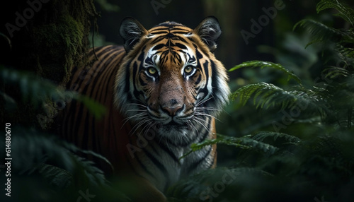 The majestic Bengal tiger, a beauty in nature wild aggression generated by AI © Stockgiu