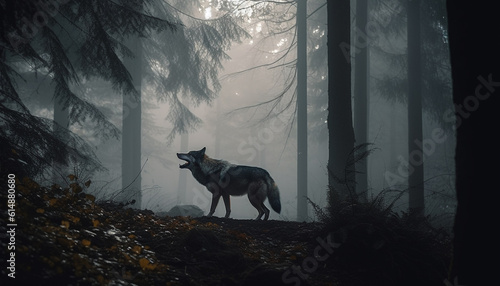 A spooky wolf howling in the dark autumn forest generated by AI © Stockgiu