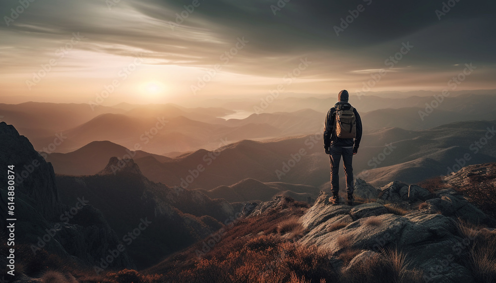 Standing on mountain peak, backpacker achieves hiking success at dawn generated by AI