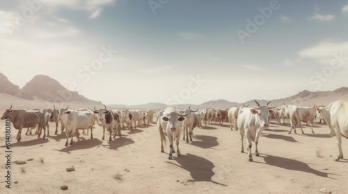 cows walk on dry land in search of fresh water due to lack of rain  the effects of drought and global climate change  generative AI. 