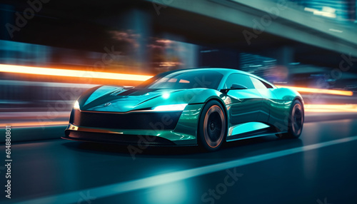 Modern sports car races through city, illuminated by glowing headlights generated by AI