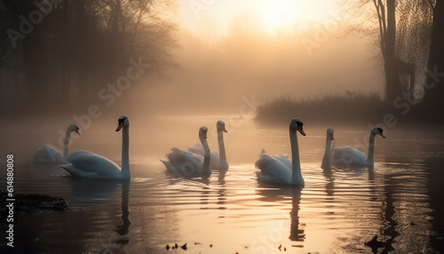 Fototapeta Naklejka Na Ścianę i Meble -  A graceful swan swims in tranquil waters at dawn generated by AI