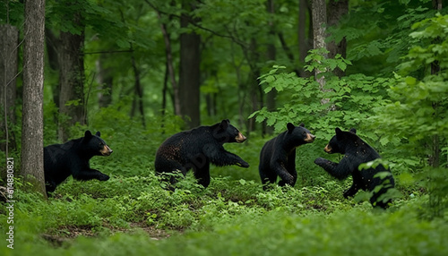 Playful panda cub running through green forest with bear family generated by AI