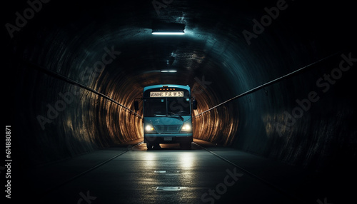 Speeding semi truck delivers equipment to construction site in wet night generated by AI © Stockgiu