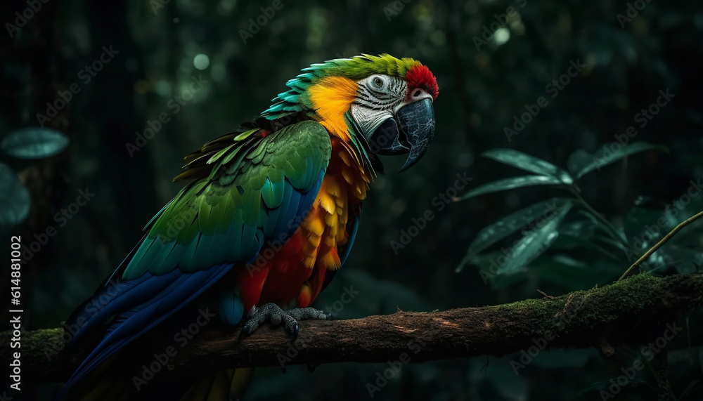 Vibrant macaw perching on branch, beauty in nature colors generated by AI