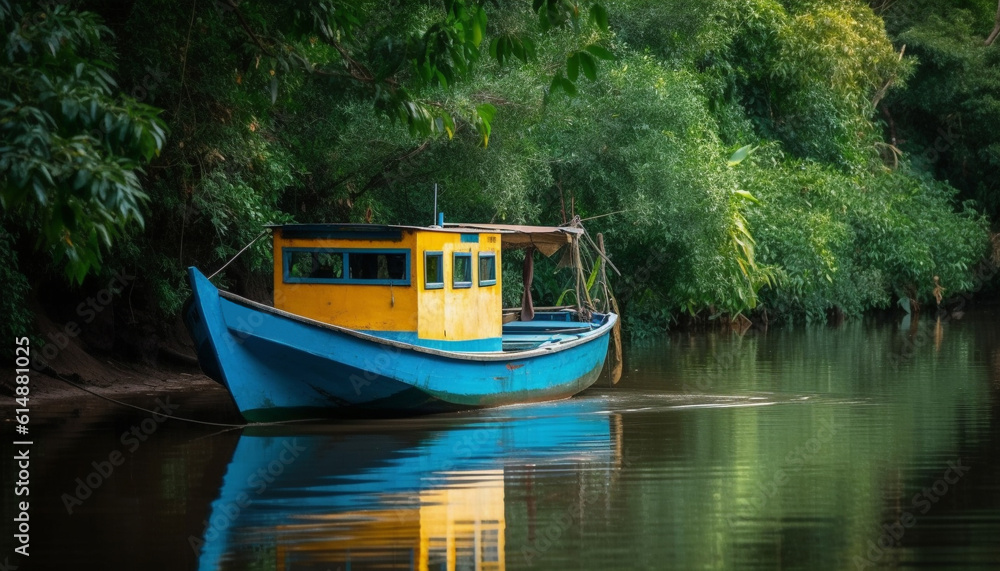 A tranquil scene of a fishing boat on a reflective pond generated by AI