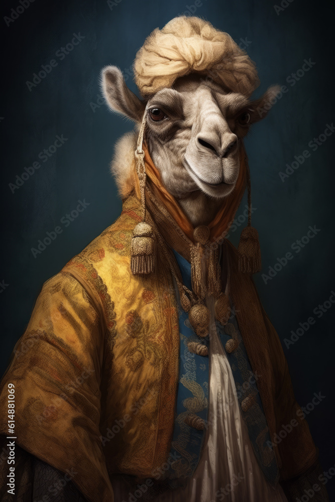 An anthropomorphic camel in a renaissance painted style.