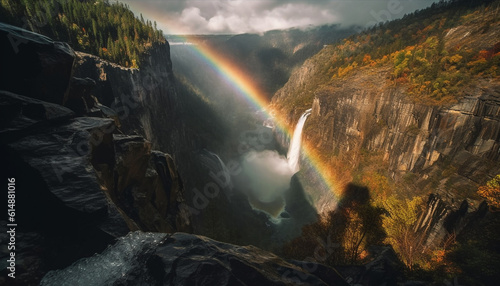 Majestic mountain range with colorful autumn foliage and flowing water generated by AI