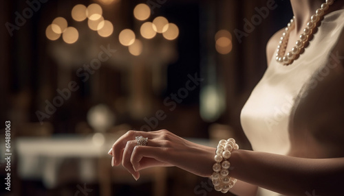 The newlywed bride elegance shone with her pearl jewelry generated by AI