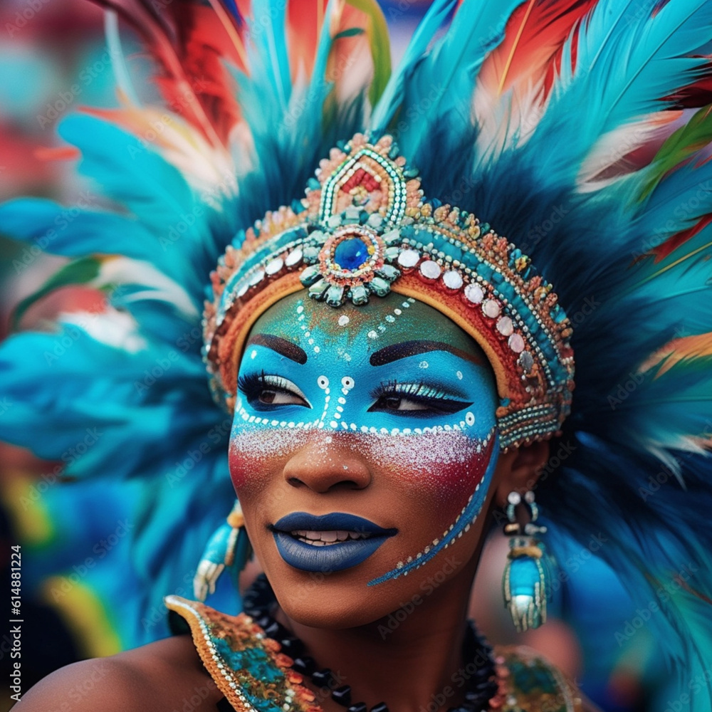 Illustration, AI generation, Brazilian carnival colorful and vibrant. A portrait of a participant.