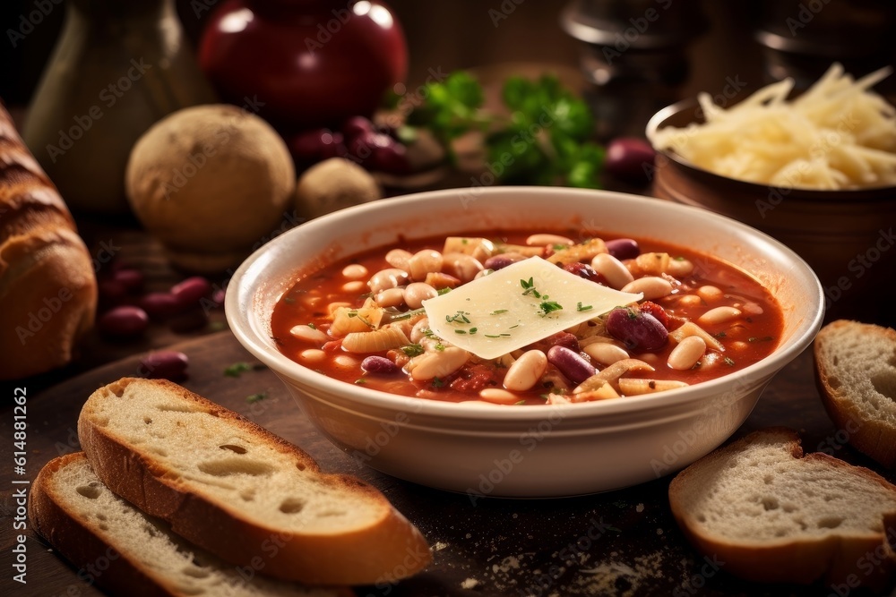 Pasta e Fagioli accompanied by slices of crusty Italian bread, served on a wooden table Pasta e Fagioli accompanied by slices of crusty Italian bread, served on a wooden table