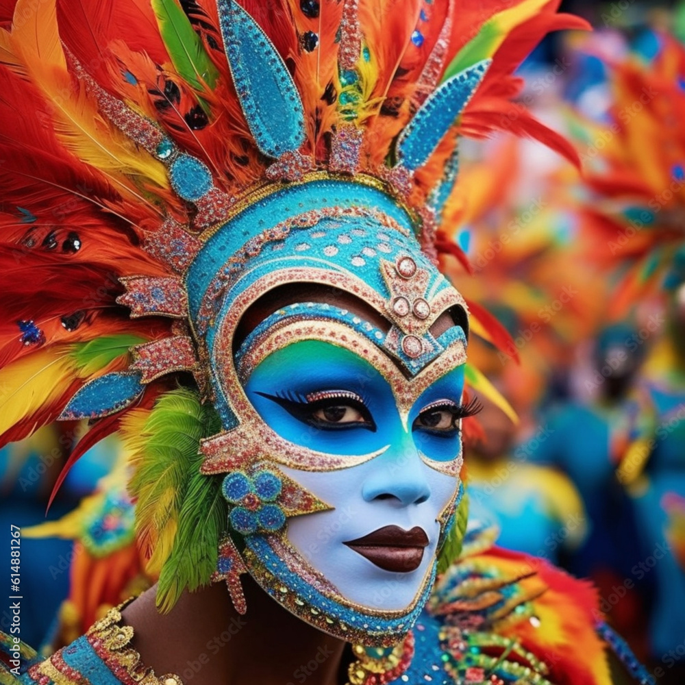 Illustration, AI generation, Brazilian carnival colorful and vibrant. A portrait of a participant.