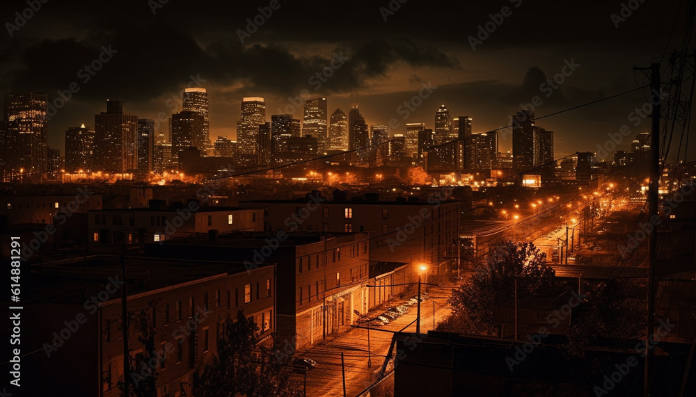 The illuminated skyscrapers of the financial district at twilight generated by AI The illuminated skyscrapers of the financial district at twilight generated by AI