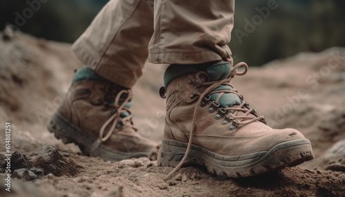 One person hiking boot walking outdoors on a dirt footpath generated by AI