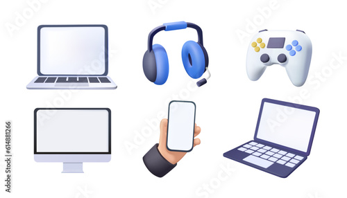 3D UI Icons set of technology isolated on white background. Computer devices 3d render vector icon set. Computer, laptop, smartphone, headphones, game console, joystick