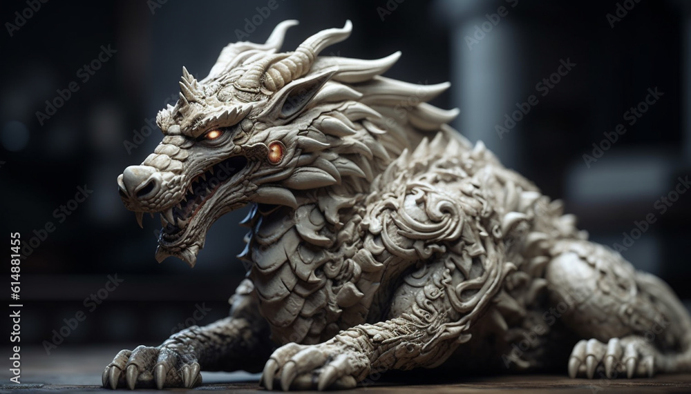 The ornate dragon sculpture, a symbol of Chinese mythology generated by AI