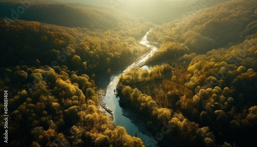 Aerial view of tranquil forest landscape, autumn leaves and water generated by AI © Stockgiu