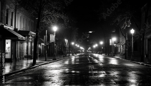The illuminated city street vanishes into the dark night generated by AI