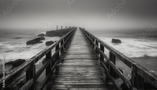 Tranquil seascape: old jetty vanishing into the horizon over water generated by AI