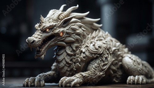 The ornate dragon sculpture, a symbol of Chinese mythology generated by AI