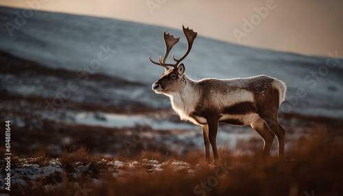 A majestic stag grazes in the tranquil winter meadow generated by AI © Stockgiu