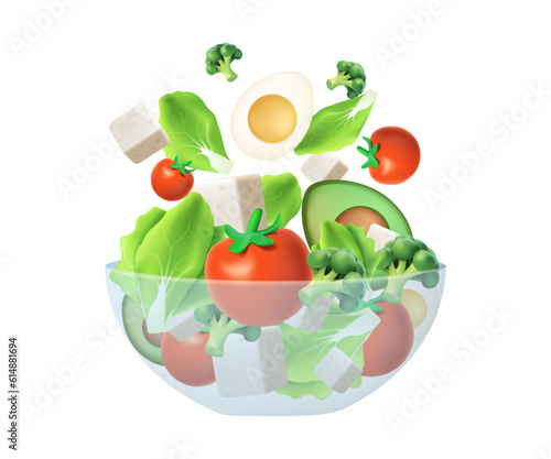 3D Salad falling into bowl cartoon icons vector illustration.. Flying salad with red tomatoes, cheese, cucumber, spinach and lettuce concept cooking. 3D illustration isolated on white