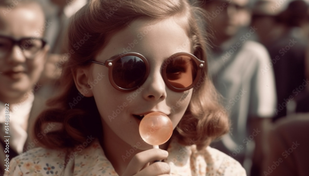 Fototapeta premium A cute, cheerful girl blowing bubbles with sunglasses on outdoors generated by AI