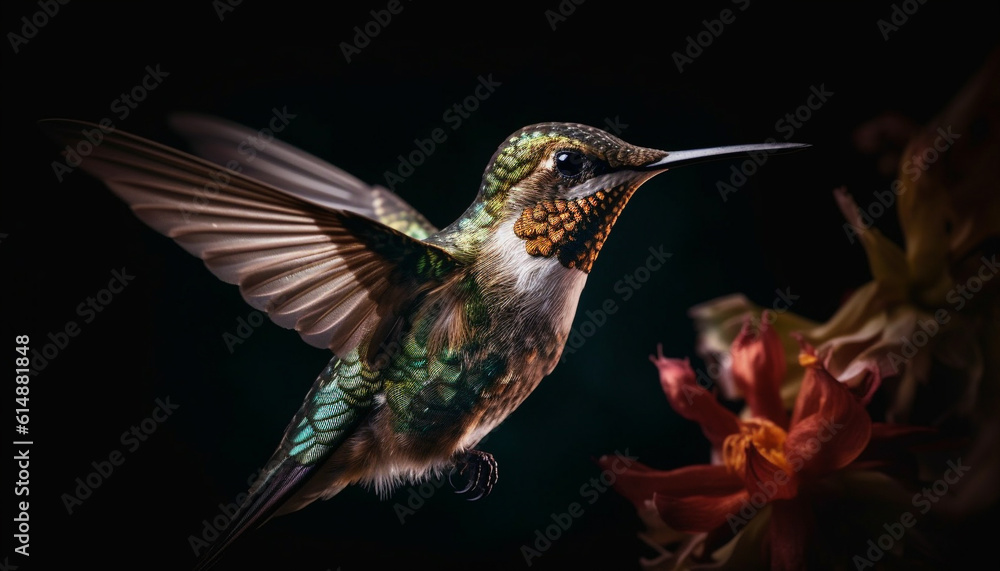 Obraz premium Hovering hummingbird flaps iridescent wings, pollinating vibrant flowers mid air generated by AI