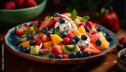 Fresh fruit salad with blueberries, strawberries, and raspberries on top generated by AI