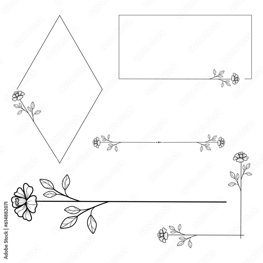 Set of wedding floral elements, frames, border, divider, corner. Hand drawn art. Vector illustration.