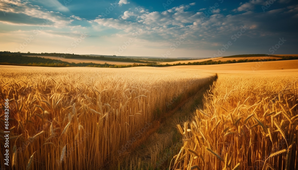 Golden wheat fields harvested under tranquil autumn sunset sky generated by AI