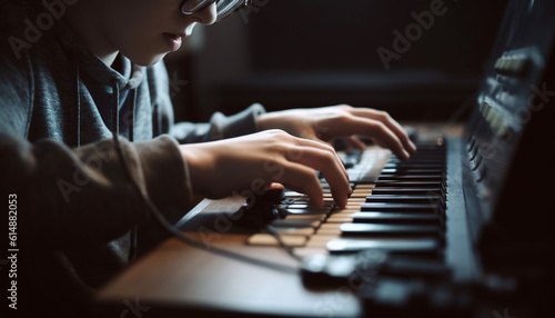 The pianist concentration is selective, practicing with close up focus generated by AI