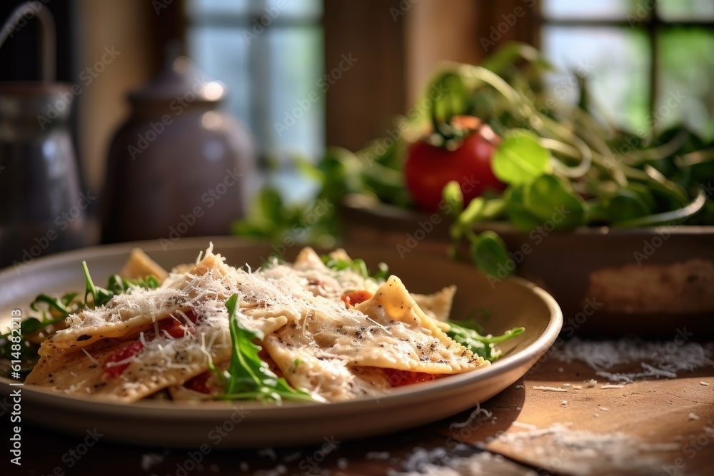 Pizzoccheri with a side salad and grated cheese on a rustic wooden table