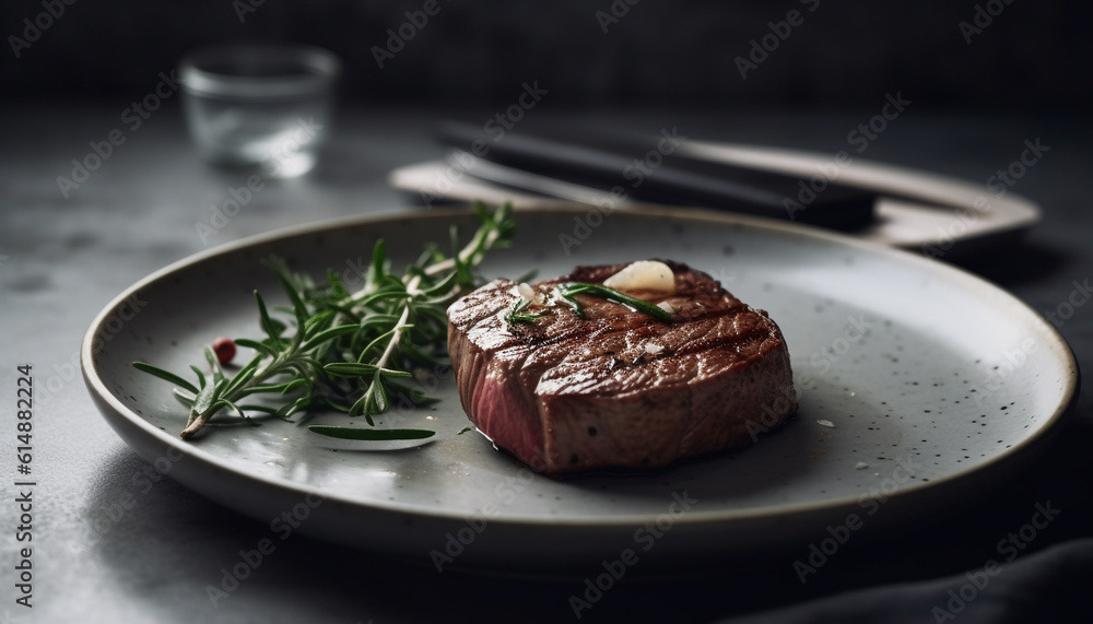 Grilled fillet steak with fresh salad, a gourmet main course generated by AI Grilled fillet steak with fresh salad, a gourmet main course generated by AI
