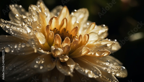 Fresh dew drops on yellow gerbera daisy in formal garden generated by AI © Stockgiu