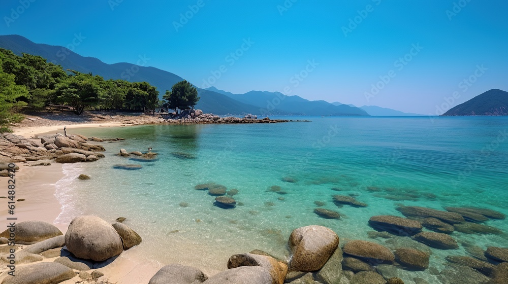 Fototapeta premium Mesmerizing scenery of a beautiful beach with blue sky in hong kong Generative AI