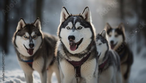 Purebred malamutes lead sled dog team through arctic winter adventure generated by AI
