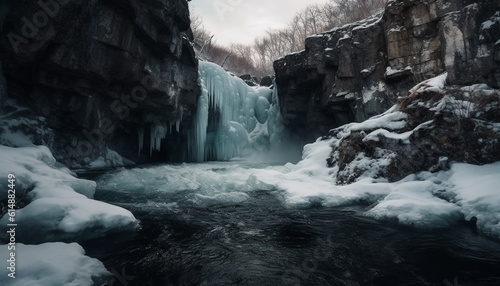 Frozen icicles cling to majestic mountain cliff in tranquil scene generated by AI