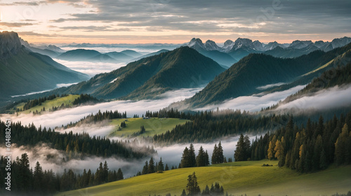 Epic mountain landscape with low clouds during sunrise