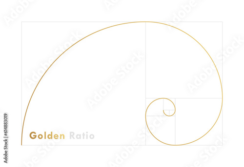 Golden ratio design template. Geometric Figure in law of golden ratio. Golden spiral, golden section, Fibonacci array, Fibonacci numbers. Vector illustration