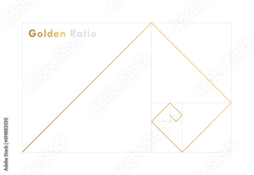 Golden ratio design template. Geometric Figure in law of golden ratio. Golden spiral, golden section, Fibonacci array, Fibonacci numbers. Vector illustration