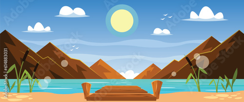Morning seascape with mountains on horizon, sun in sky. Nature landscape of lake or ocean coastline with rocks at noon. Cartoon vector illustration