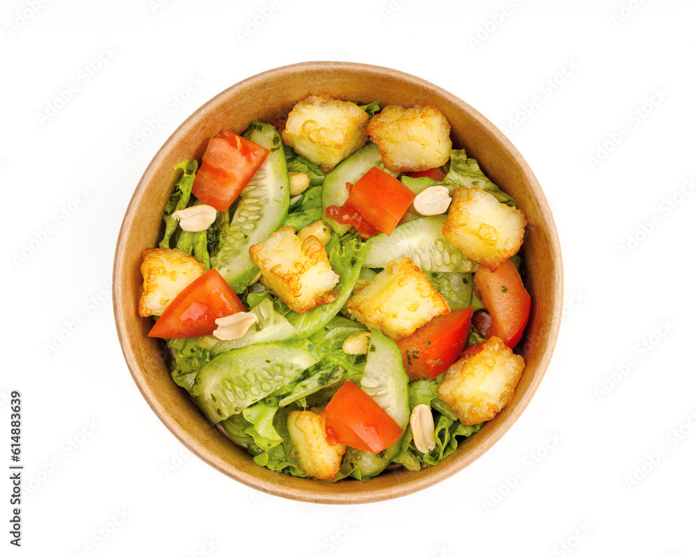 salad with halloumi and pesto on white background for restaurant menu 1 salad with halloumi and pesto on white background for restaurant menu 1